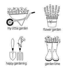 Set of hand drawn compositions with gardening tools and flowers. Garden, flower shop, landscape design, farming concepts, icons, logo