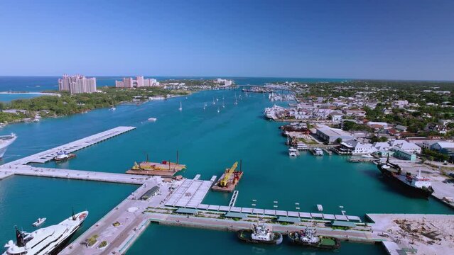 The drone aerial footage of Nassau port and Paradise Island, Bahamas.