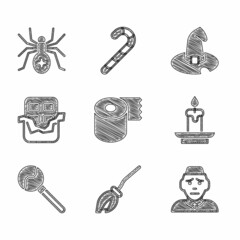 Set Toilet paper roll, Witches broom, Priest, Burning candle, Lollipop, Chocolate bar, hat and Spider icon. Vector