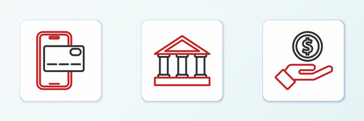 Set line Hand giving money, Mobile banking and Bank building icon. Vector