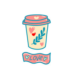 Vector print, a cup of coffee with hearts and the inscription Love in doodle style, 80s style, Valentine's day, isolated element. Romantic illustration for postcards, stickers, print on clothes.