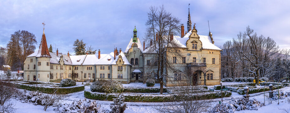 The fabulous romantic-style castle in winter.