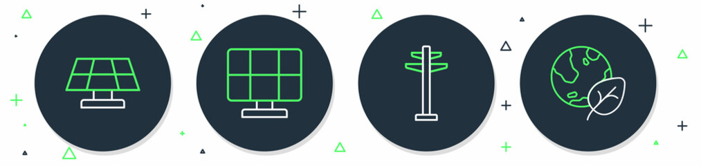 Set line Solar energy panel, Electric tower, and Earth globe and leaf icon. Vector