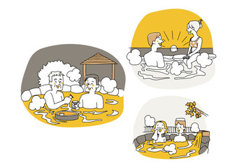 屋外の温泉に浸かって楽しむ人々のセット　コミカルな手書きの人物　ベクター、線画にシンプルな色つけ　