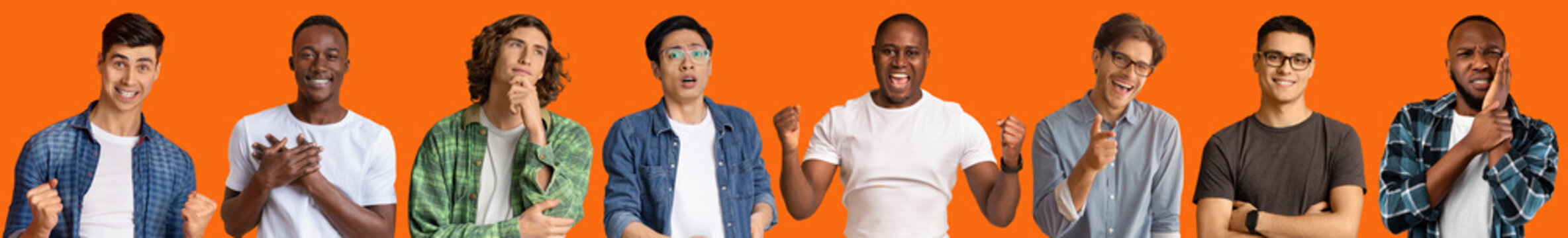 Emotional collection of photos, millennial guys showing emotions on orange