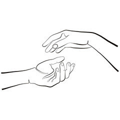 Hands one line illustration. Female and male hands reach out to each other. Continuous line art. Wedding illustartion