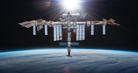 Space station on orbit of Earth. ISS in space near planet surface. Space collage with spaceship. Astronauts in space. Elements of this image furnished by NASA