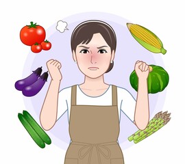 夏の野菜と女性