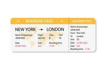 Airline boarding pass. Flight ticket template. Boarding pass with shadow on white background - obrazy, fototapety, plakaty