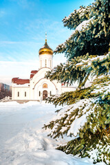 Fototapeta na wymiar Beautiful Orthodox church photographed from under snow-covered fir trees on a sunny winter day, Togliatti, Russia