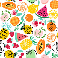 Fruit colorful hand drawn seamless pattern. Summer background - 483043821