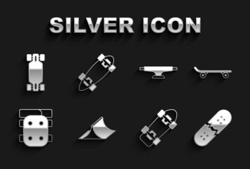Set Skate park, Skateboard, Broken skateboard deck, Knee pads, wheel, Longboard or and icon. Vector