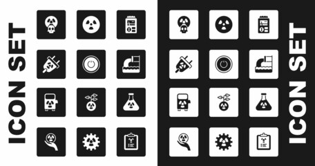 Set Dosimeter, Power button, Radiation electrical plug, Radioactive, Wastewater, Test tube radiation and Electric car charging station icon. Vector