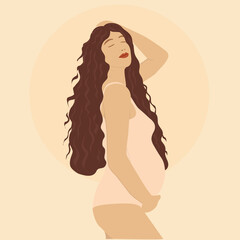 Pregnant woman, future mom, standing in nature and hugging belly with arms. Long brown hair, Flat vector illustration.