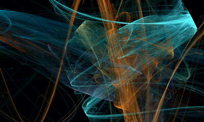 Expressive artistic 3d poster in orange blue digital color in deep dark space. Dynamic rushing blustering vortex of chaotic strokes and smudges. Great as cover print for electronics, decoration. 