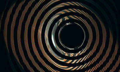 Digital 3d illustration of golden platinum circles or rings creating portal or opening into dark space. Reflections and refractions glow in closed geometry. Concept of sound core, volume vibrations. - 483044271