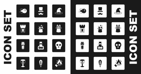 Set Witch hat, Magic, Castle tower, Fireball, Magician and rabbit ears, Skull and Bottle with potion icon. Vector