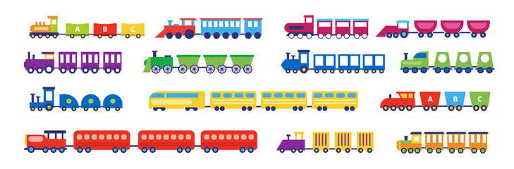 Set of toy train on white background. Vector cartoon train for kids in flat style.