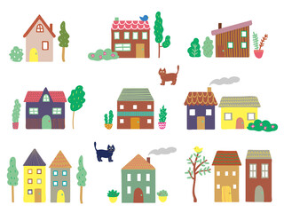 Set of houses, trees, flowers and cats