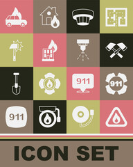 Set Fire flame in triangle, Emergency call 911, Firefighter axe, Smoke alarm system, burning building, Burning car and sprinkler icon. Vector