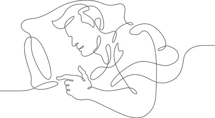 One continuous line. Man sleeps under a blanket. The boy fell asleep on the pillow. Male character is napping in bed.Continuous line drawing.Line Art isolated white background.