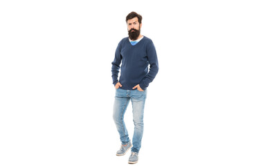 Naklejka premium mature guy with beard isolated on white background, full length, male fashion