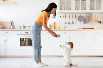 Cute dog waiting for food, asian woman feeding pet