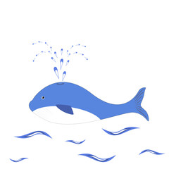 Vector illustration with blue whale and waves on a white background. Clipart for logos
