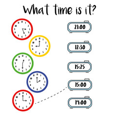 Learning time on the clock. Educational activity worksheet for kids and toddlers. Preschool game. Simple flat isolated illustration in cartoon style.Puzzle with clock and numbers. What time is it? 