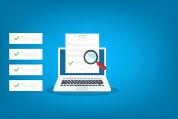 Online digital document inspection or assessment evaluation on laptop computer, contract review, analysis, inspection of agreement contract, compliance verification. Vector illustration	