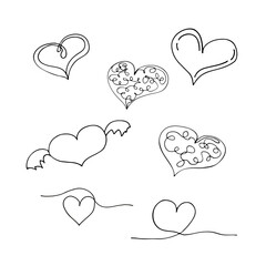 Doodle set of hearts. Vector hearts. Vector illustration. Black outline on a white background.