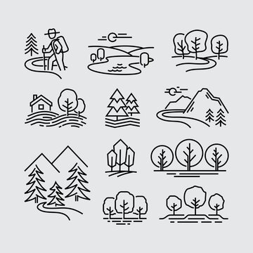 Nature Landscape Trees Vector Line Icons Set