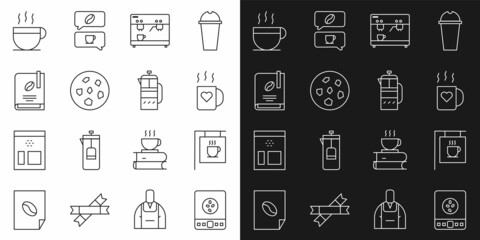 Obraz na płótnie Canvas Set line Electronic coffee scales, Street signboard, Coffee cup and heart, machine, Cookie or biscuit, book, and French press icon. Vector