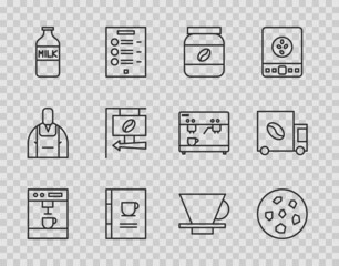 Set line Coffee machine, Cookie or biscuit, jar bottle, book, Bottle with milk, Street signboard coffee, V60 maker and street truck icon. Vector
