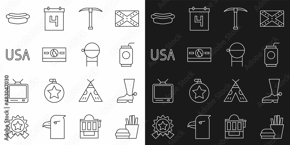 Sticker Set line Burger and french fries, Cowboy boot, Soda can with straw, Pickaxe, Stacks paper money cash, USA label, Hotdog sandwich and Barbecue grill icon. Vector