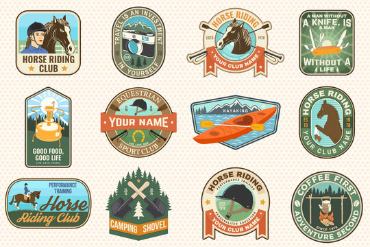 Summer camp and horse riding club patches. Vector illustration. Camping and horse riding club color sticker, logo with camping equipment and horse rider silhouettes.