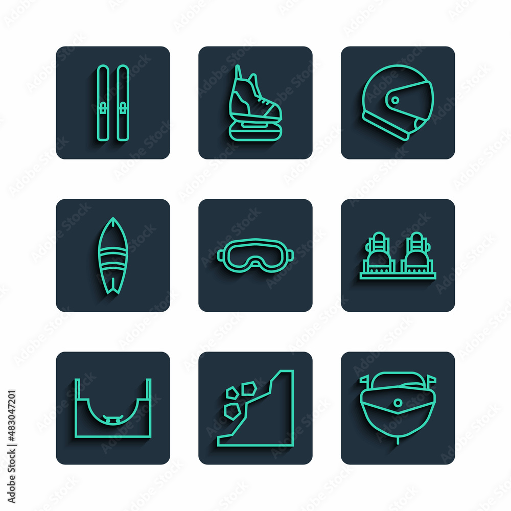 Poster Set line Skate park, Landslide, Speedboat, Helmet, Ski goggles, Surfboard, sticks and Snowboard icon. Vector