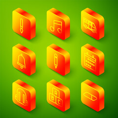 Set line Paint brush, Music note, tone, School Bus, Ringing bell, Pencil with eraser, Calendar, backpack and ABC blocks icon. Vector