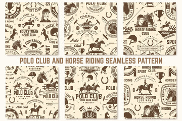 Fototapeta na wymiar Polo sport club and horse riding seamless pattern. Vector. Vintage monochrome equestrian background with rider and horse silhouettes. For polo sport and horse riding pattern background or wallpaper.
