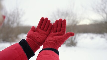 Closeup view photography of two female hands in red gloves isolated on white snow background. Woman holding both empty palms making cupped gesture with her outstretched arms