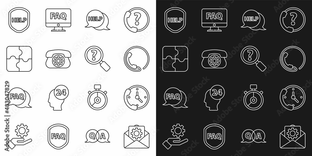 Poster set line envelope setting, telephone 24 hours support, speech bubble with text help, piece of puzzle
