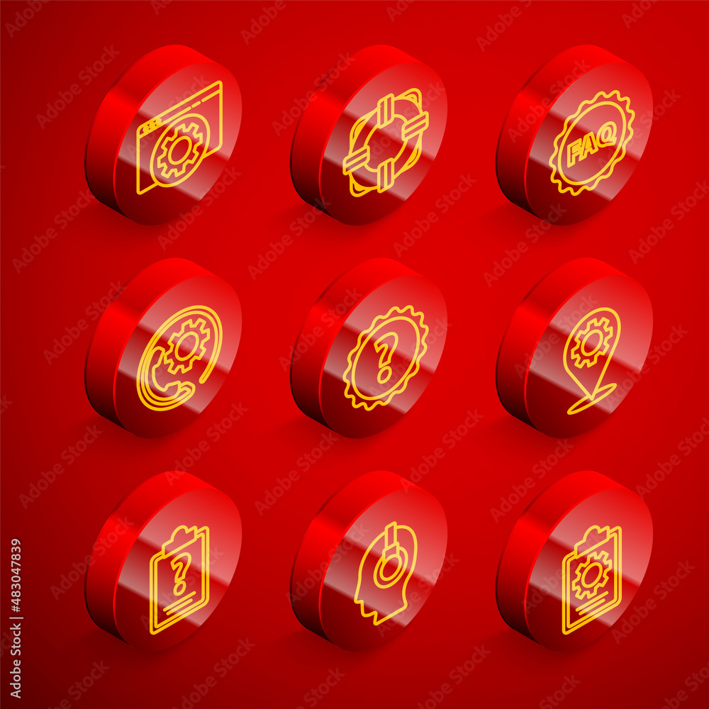 Poster set line browser setting, lifebuoy, label with text faq, telephone 24 hours support, question mark, 