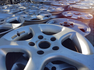 Used rims from cars in a row. Second hand - resale. Copy space. day. Close up