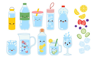 Drink more water campaign with cute bottle and glasses. Flat vector cartoon design
