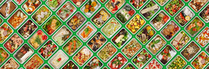 Healthy Tasty Low-Fat Meals In Foil Take Away Containers Over Green Background