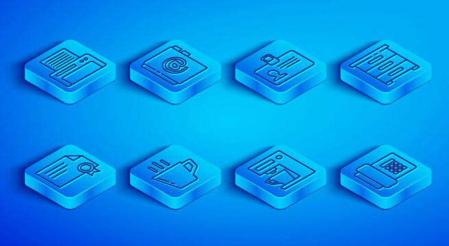 Set line Printer, Address book, Identification badge, Coffee cup, machine, Drawer with documents, Certificate template and Telephone icon. Vector