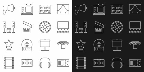 Set line Cinema ticket, Limousine car and carpet, auditorium with screen, Online play video, Movie clapper, Home stereo two speakers, Megaphone and Camera shutter icon. Vector
