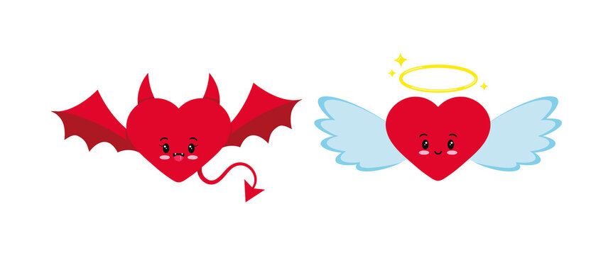Angel and devil heart cute character icon set isolated on white background. Heart with horns, light angel red evil wings, tail, halo. Flat design cartoon clip art vector illustration.