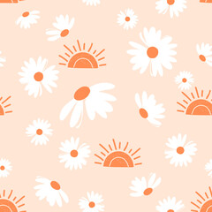 Seamless pattern with daisy flower and sun on orange background vector.