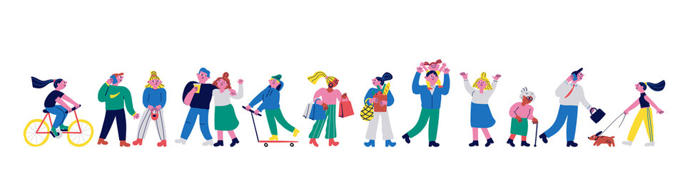 People walking outdoor. Traditional modern cartoon people.